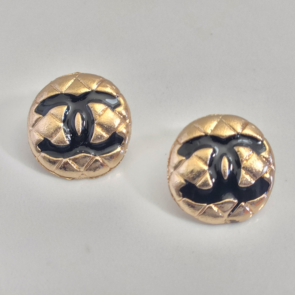 Gold Tone Quilted Button Earrings with Black Logo Accent